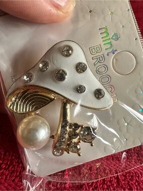 White Enamel & Pearl Mushroom Brooch
